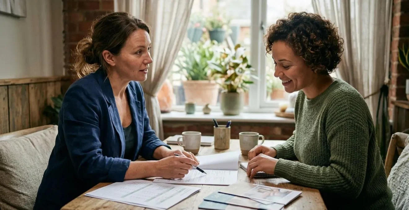 Directrice de spa en discussion avec un commercial dans un espace wellness avec documents posés sur table