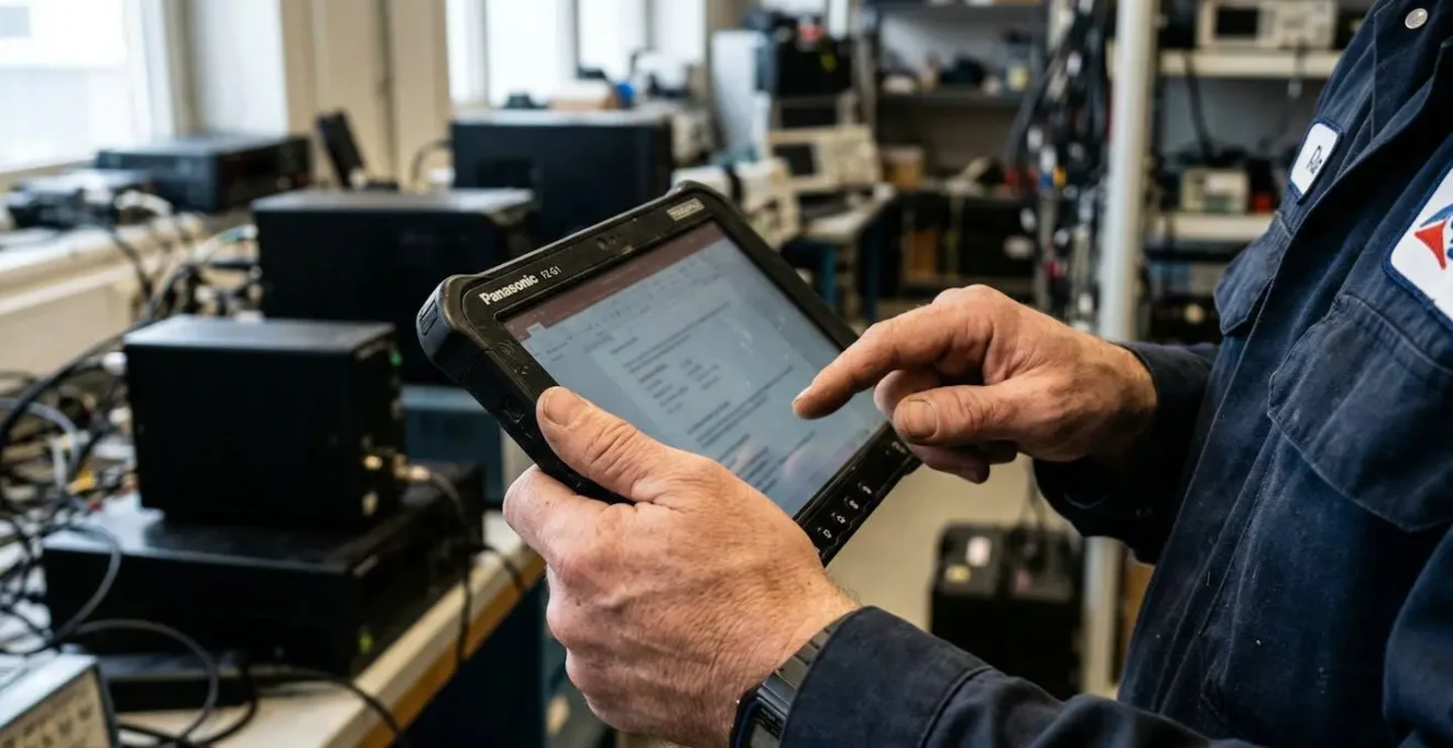 Mains d'un technicien consultant un document technique sur tablette avec un appareil infrarouge visible en arrière-plan flouté