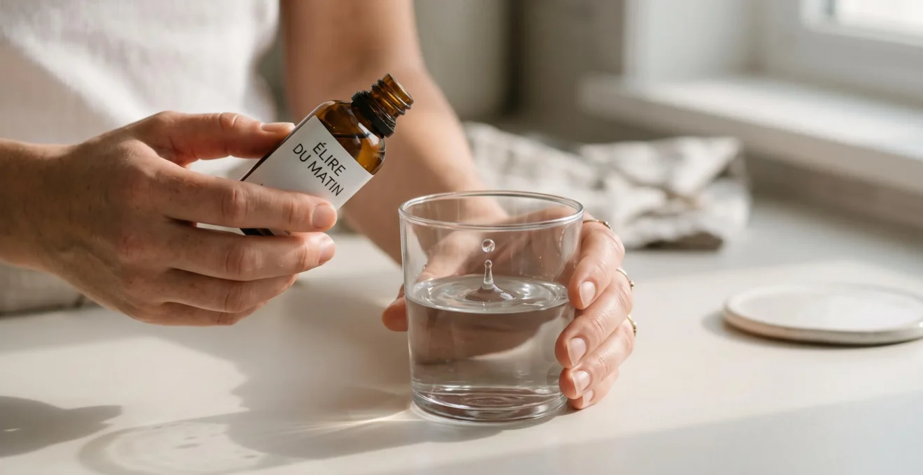 Flacon d'élixir floral avec compte-gouttes et verre d'eau sur table blanche, illustrant l'usage quotidien