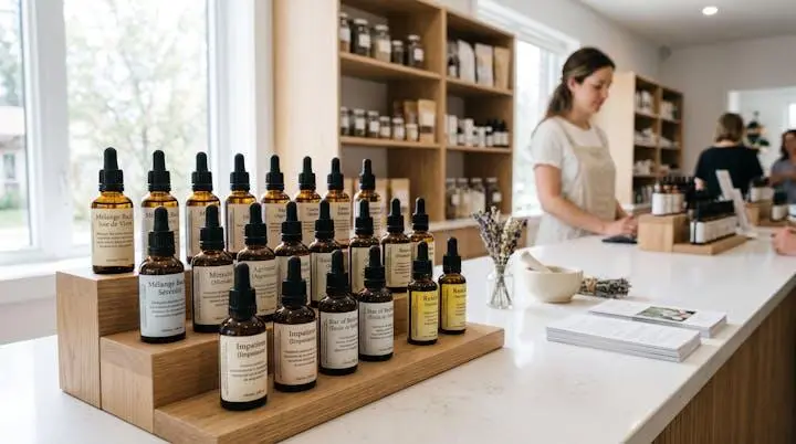 Flacons d'élixirs floraux de Bach en verre ambré disposés sur un comptoir de pharmacie contemporaine